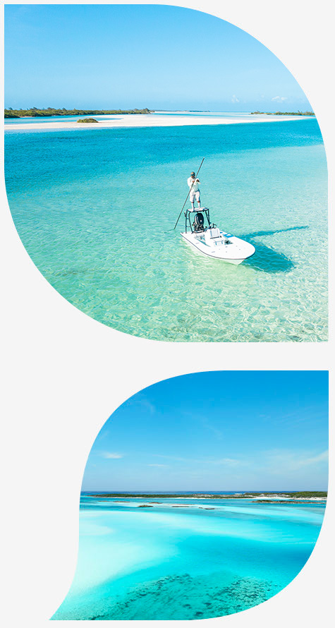 speedboat at the forefront of the image with sailboat in the background for top image and view of the ocean in the bottom image