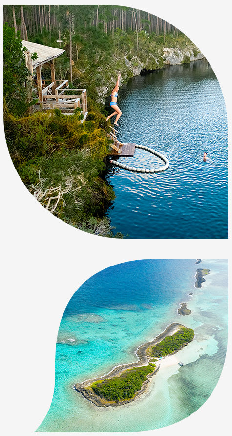 Lady jumping into a blue hole and aerial view of an island