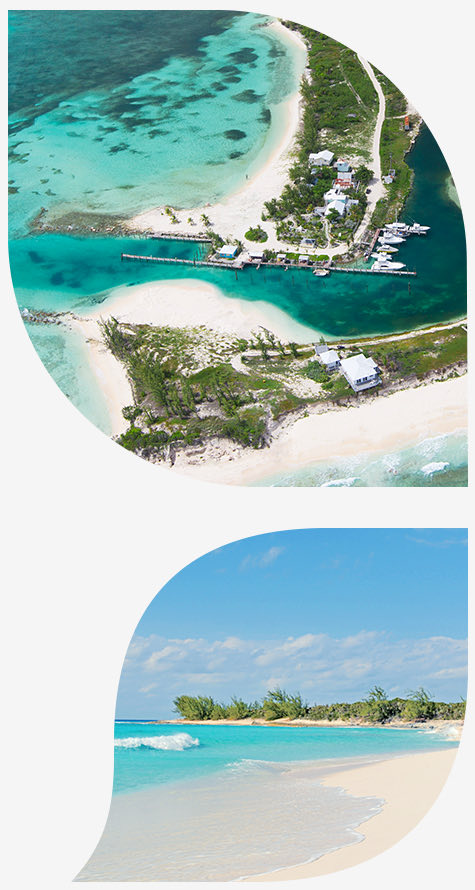 aerial view of the port in upper image and view of the beach in bottom image