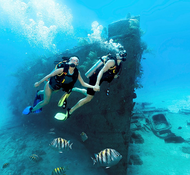 Scuba divers exploring a sunken ship 